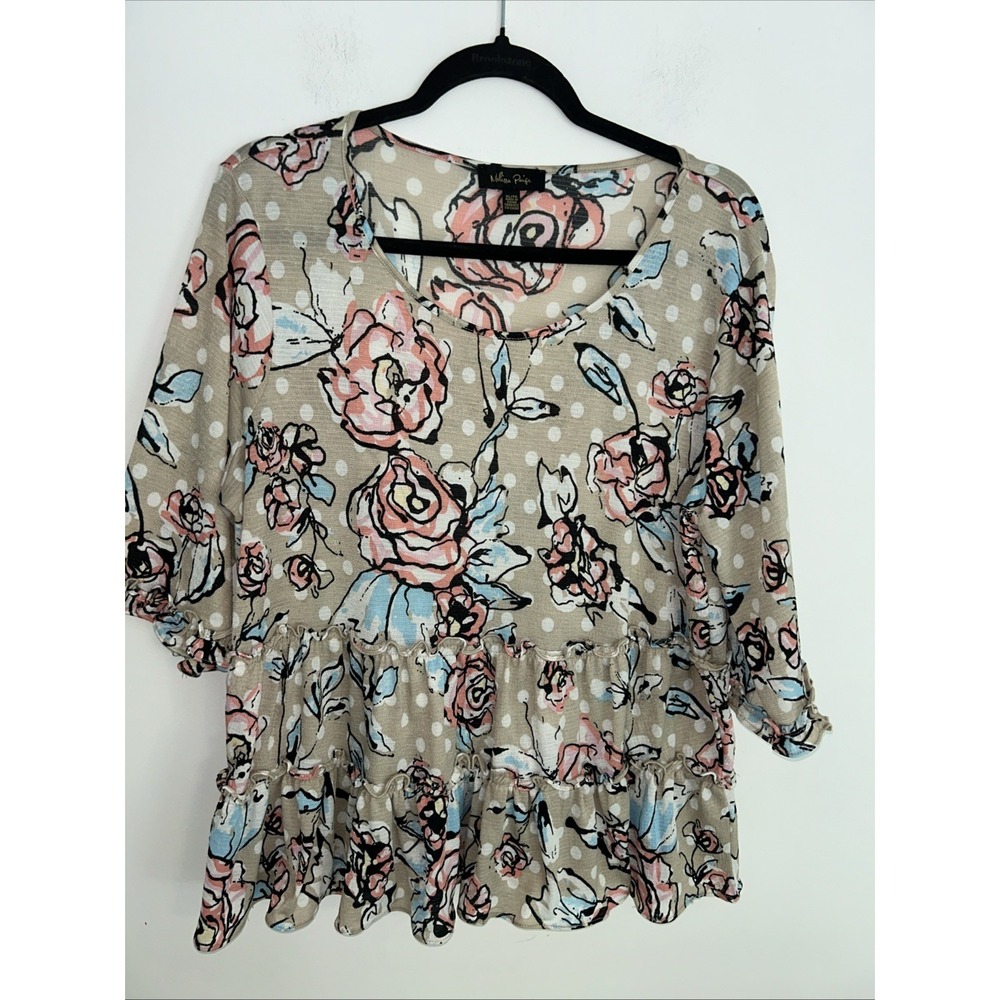 Melissa Page XL/TG Floral Beige Pink Blue Layered Short Sleeve Fringe Top